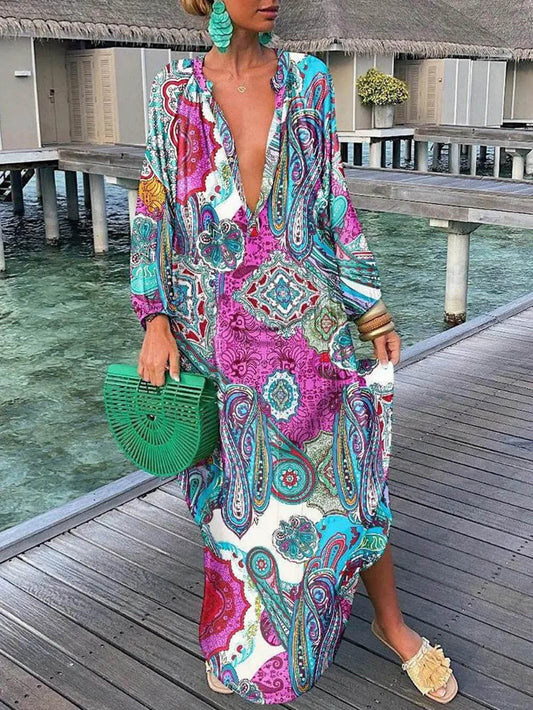 Bohemian V-Neck Printed Maxi Dress Multicolor