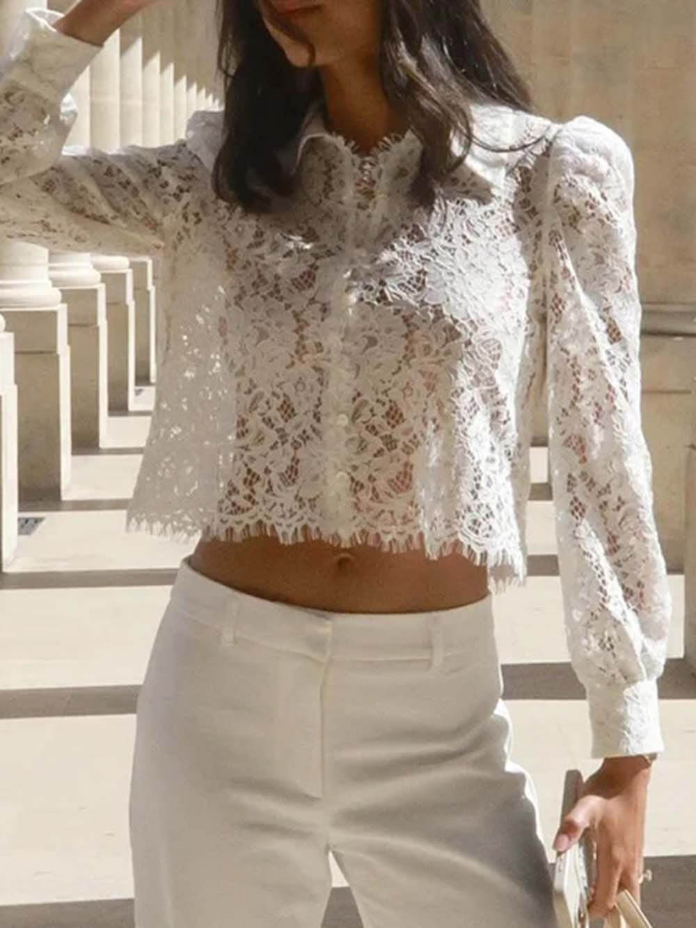 Elegant Lace Long-sleeved Cropped Shirt White