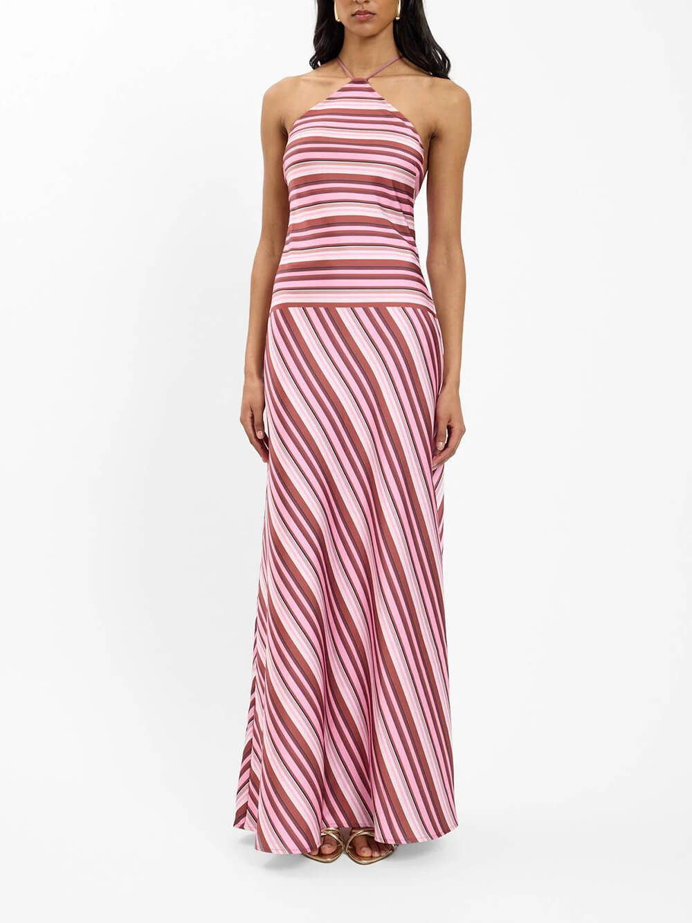 Exquisite Striped Print Spaghetti-Strap Draped A-Line Maxi Dress Magenta