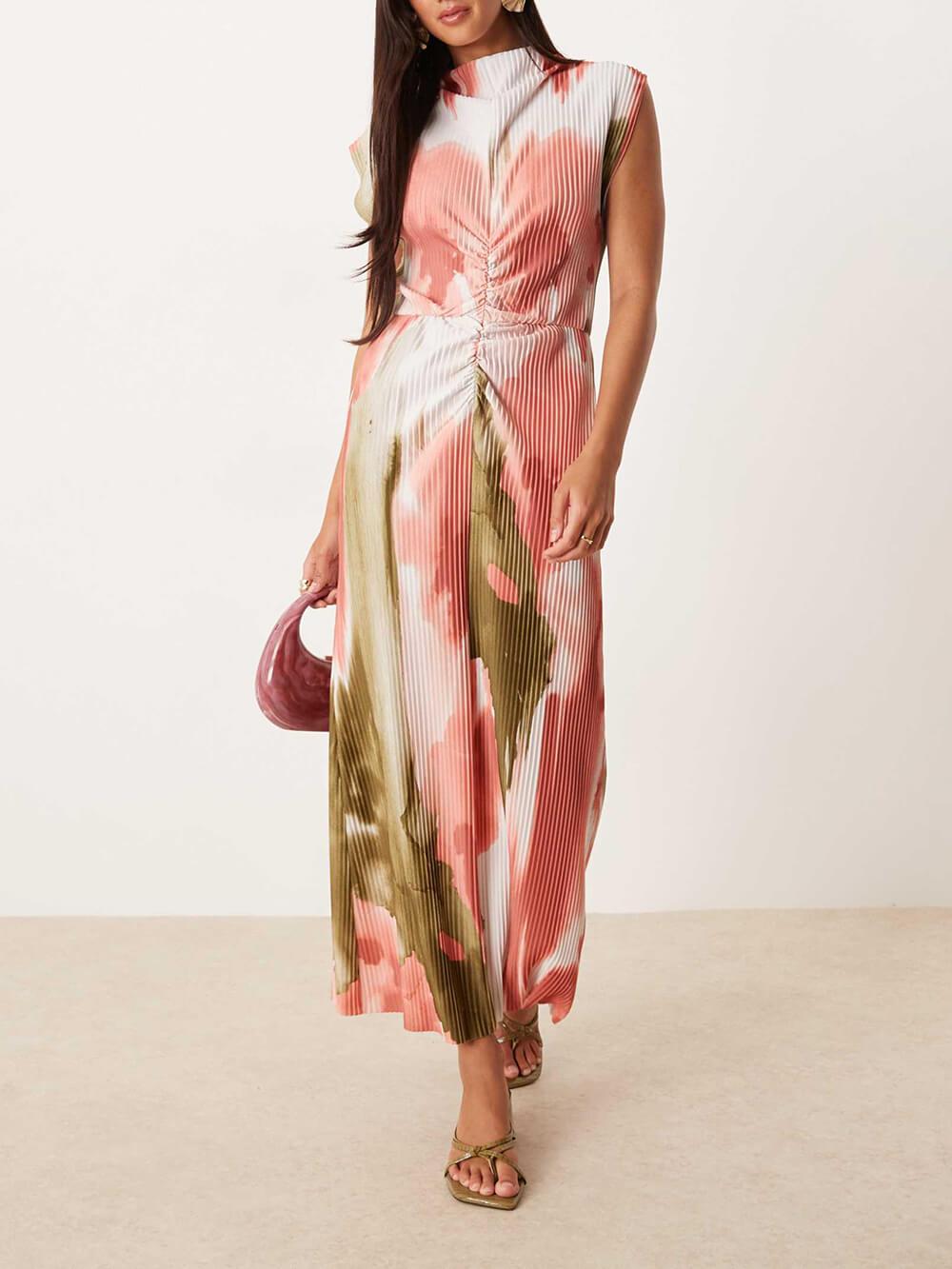 Elegant Floral Print Ruched High-Twist Neck Midi Dress Multicolor