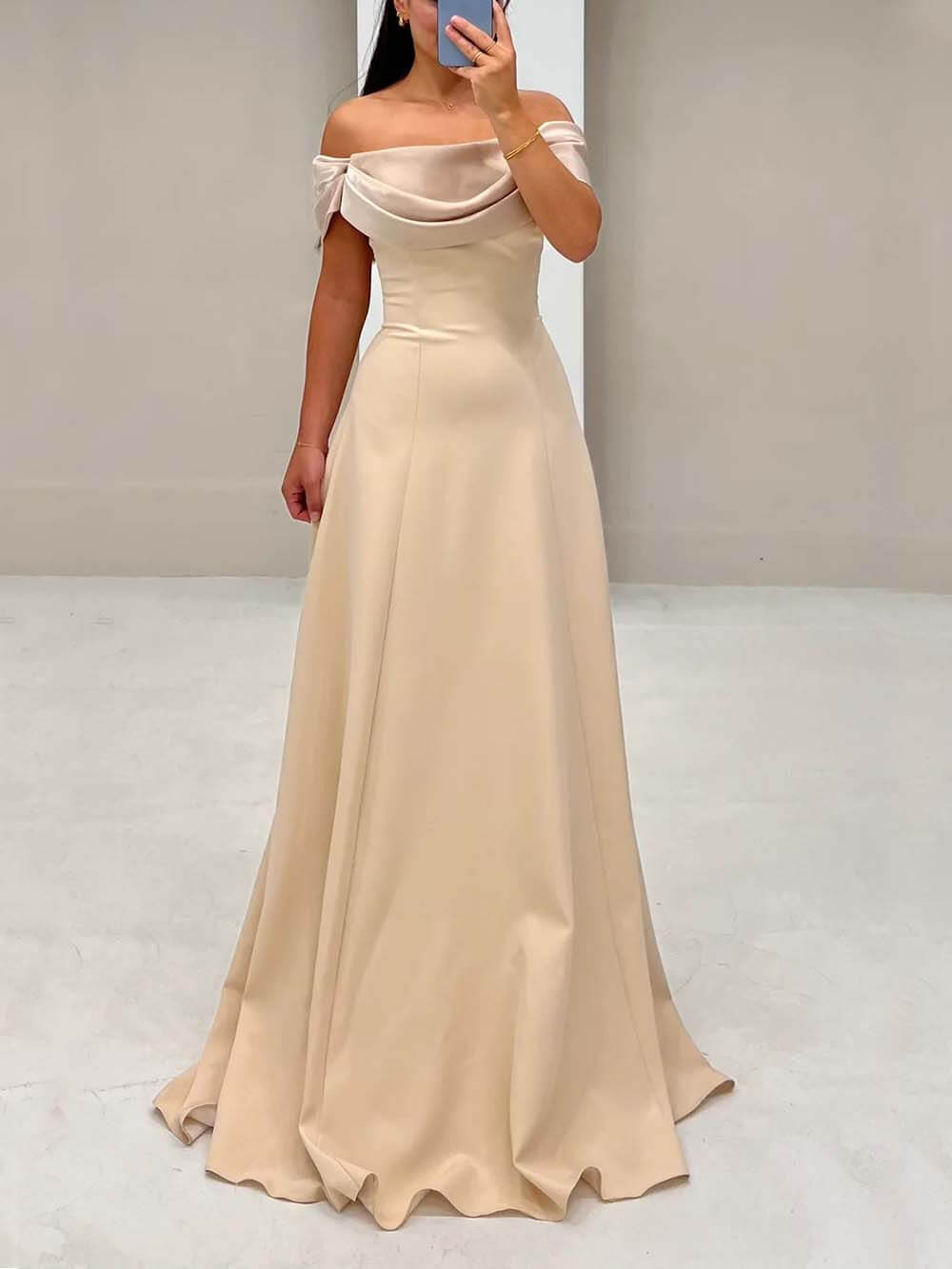 Elegant Off-Shoulder Draped Slim Fit Gown Maxi Dress Apricot