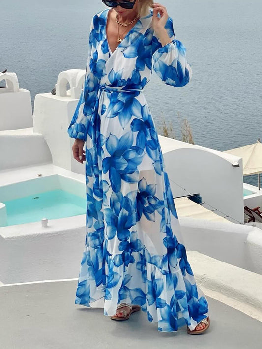 Elegant Floral Print Tie-Front Lantern Sleeve Vacation Maxi Dress
