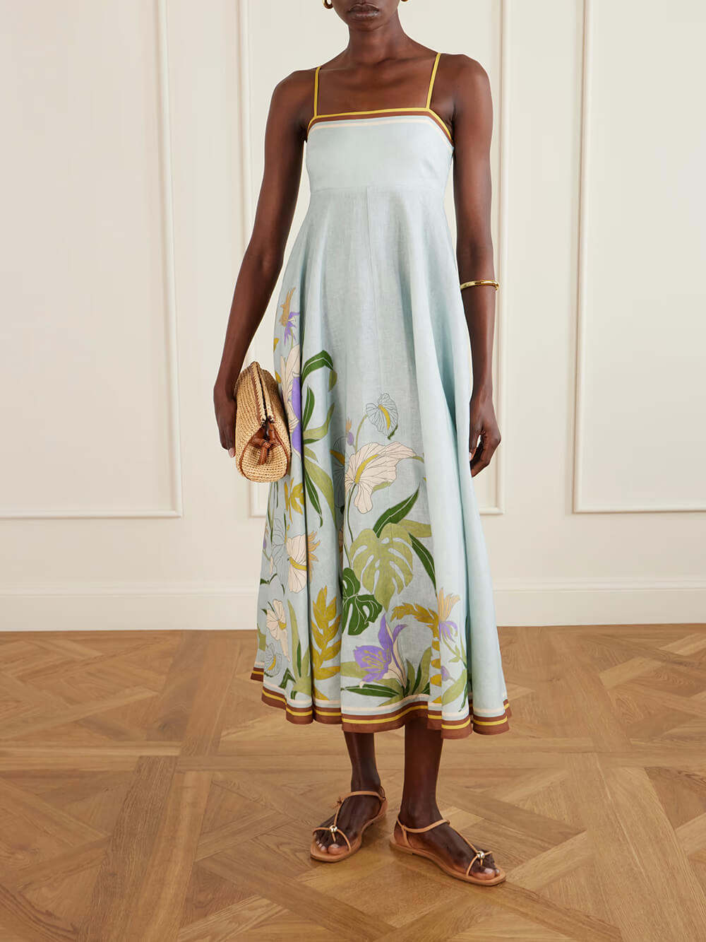 Unique Floral Print Linen Midi Dress Blue