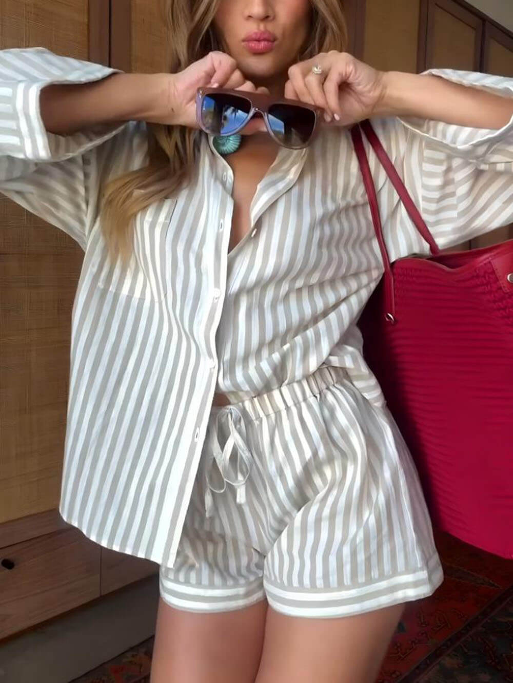 Modern And Sophisticated Striped Print Shirt And Drawstring Shorts Set White