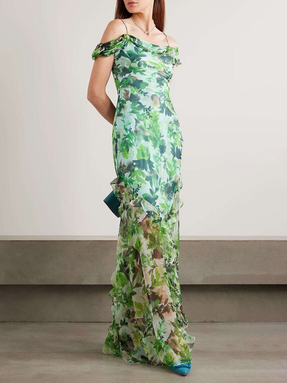Exquisite Off-Shoulder Ruffle Floral Print Chiffon Maxi Dress Green