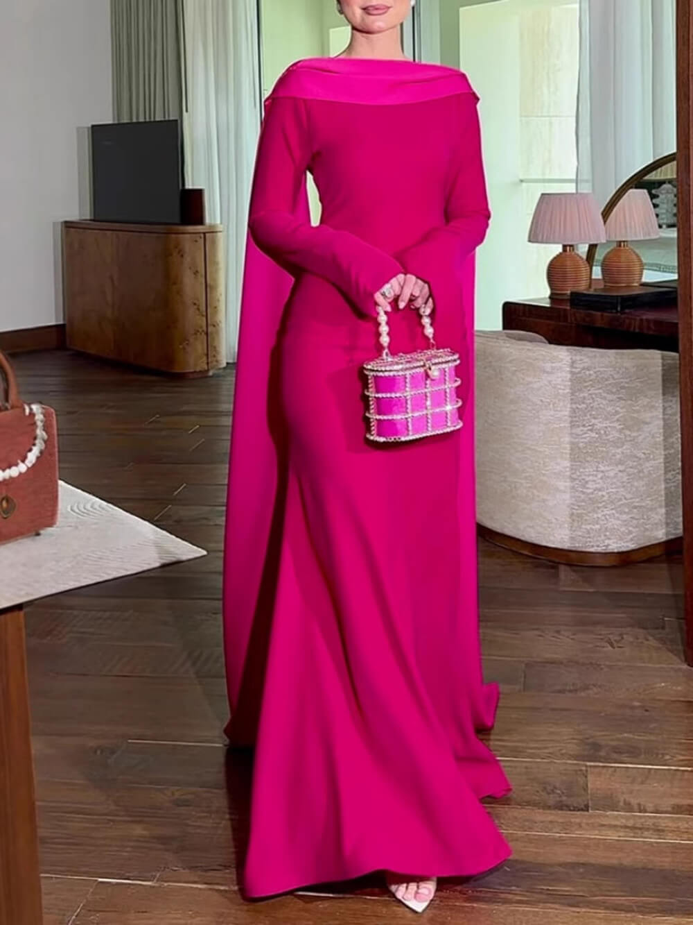 Elegant Slit Hip-Wrap Shawl Ribbon Evening Maxi Dress Rose Red