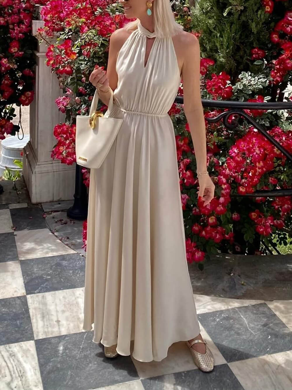 Elegant Off-The-Shoulder Tie Waist Satin Maxi Dress Apricot