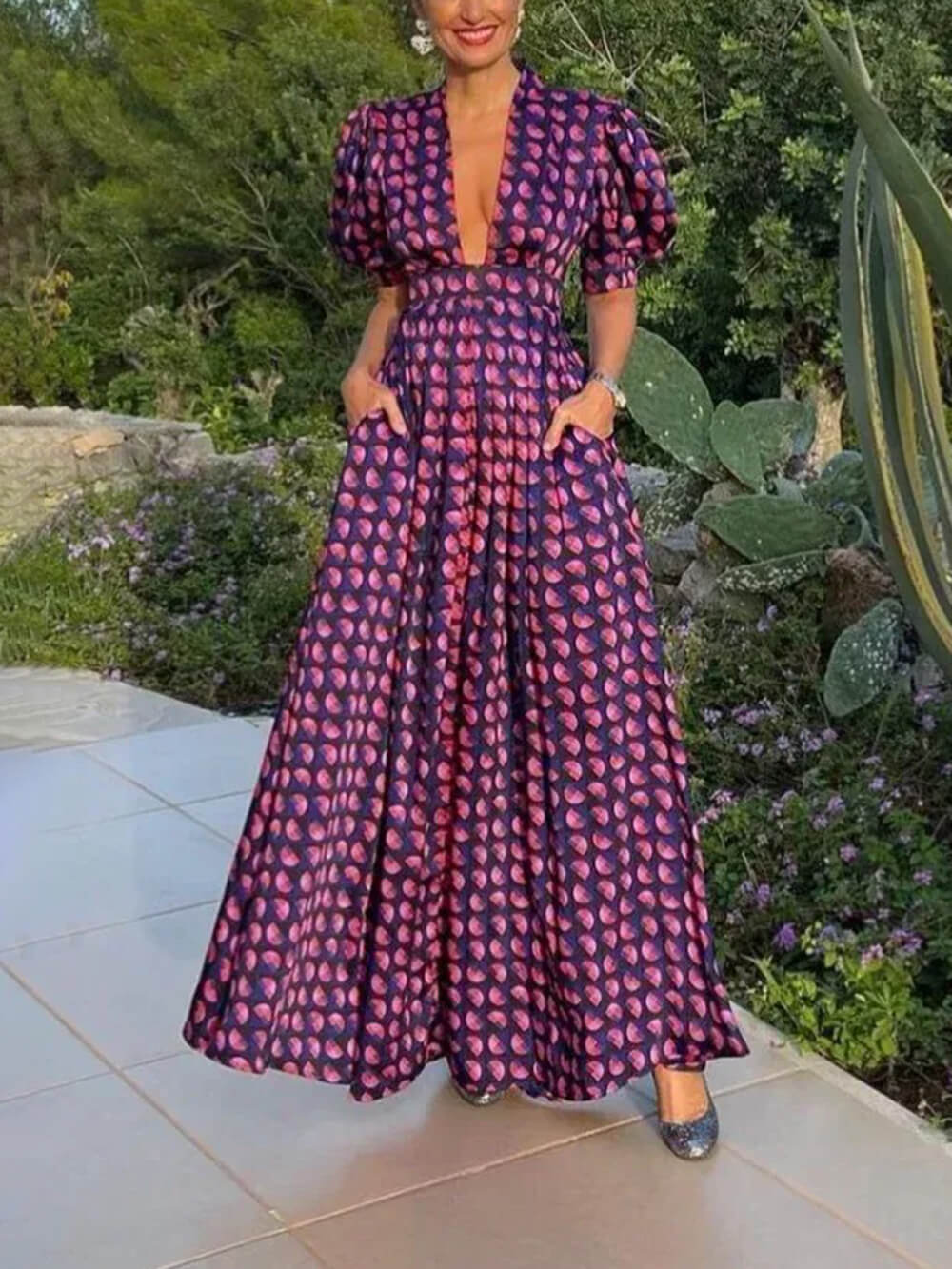 Retro Floral Printed Puff Sleeve Loose A-Line Maxi Dress Purple