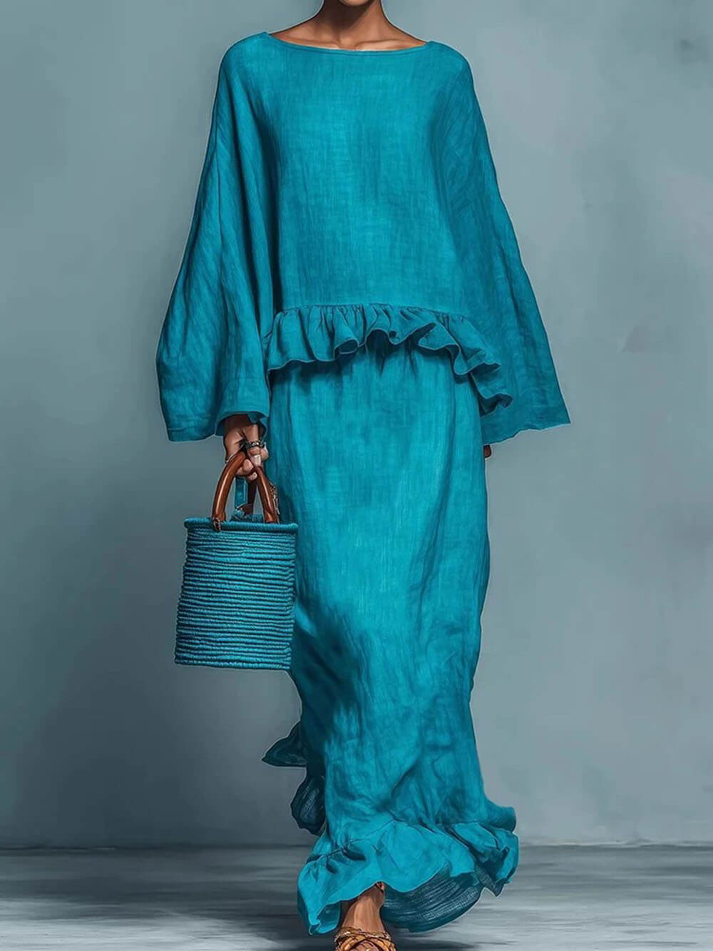 Fashion Street Style Ruffle Loose Top And Elastic Waist Skirt Set Blue