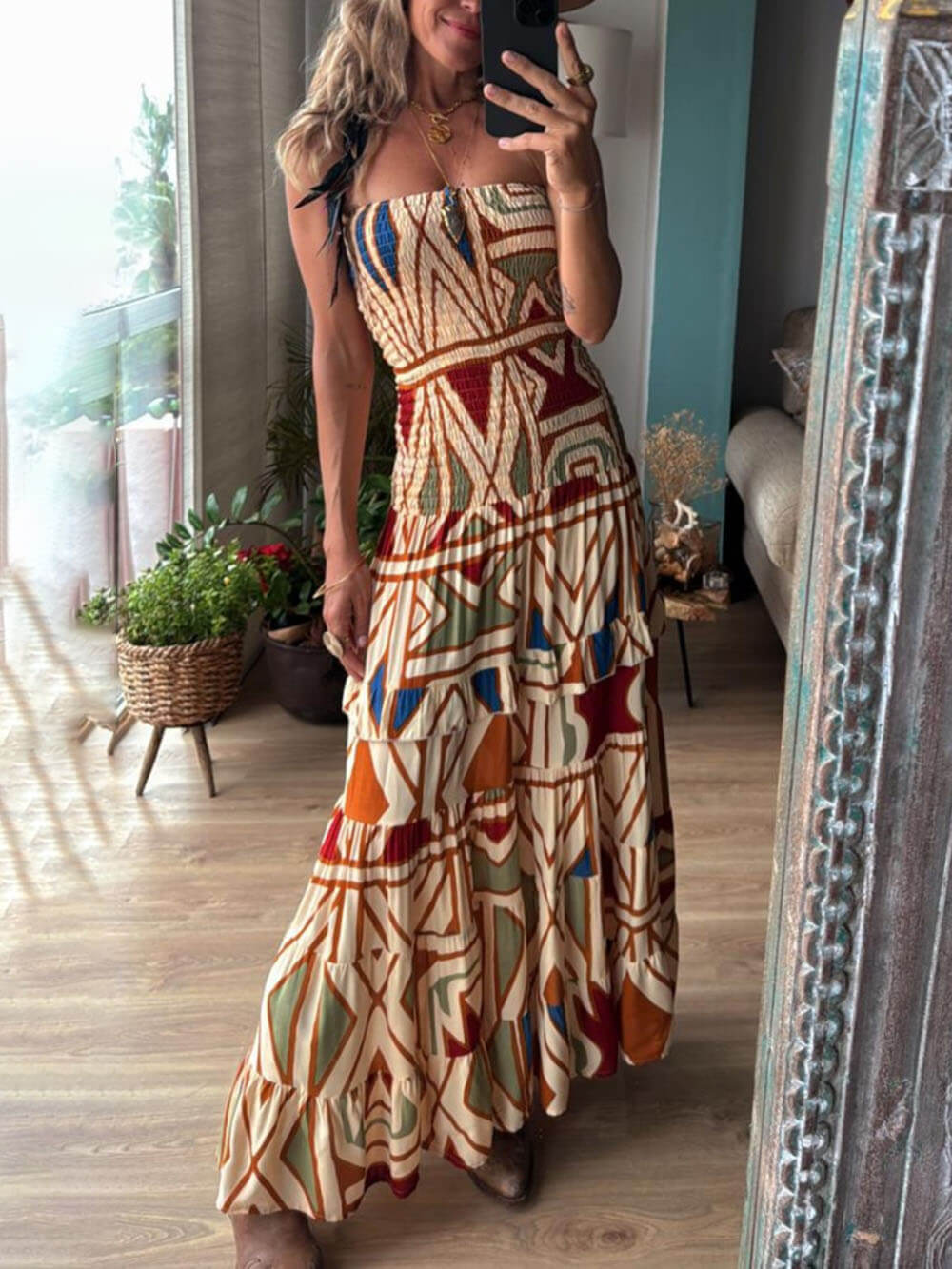 Chic Perfect Style Unique Floral Print Elastic Bandeau Maxi Dress Multicolor