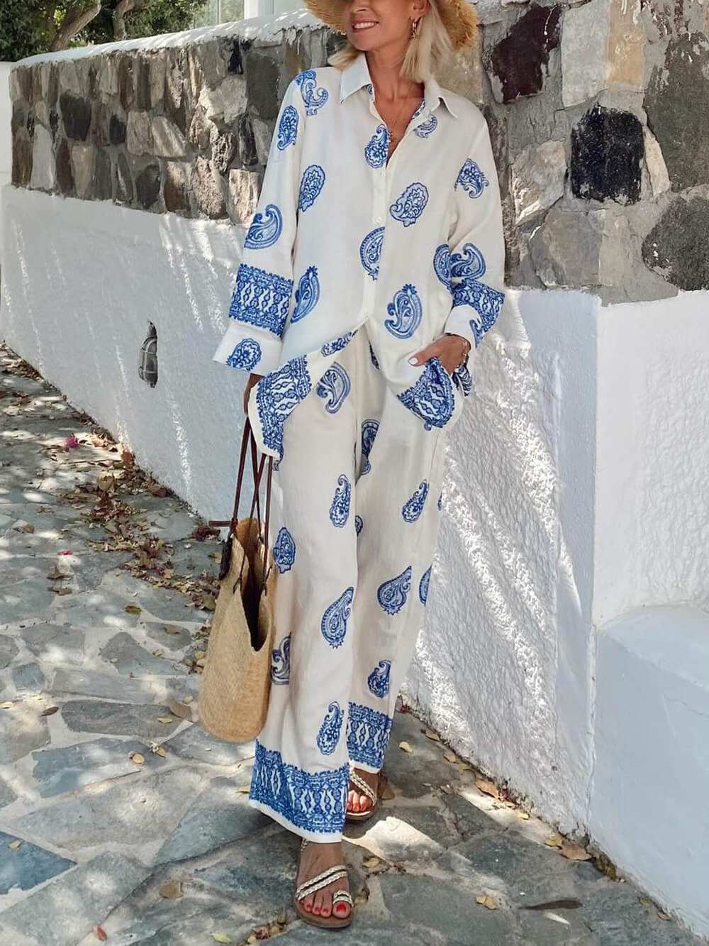 Unique Ethnic Pattern Print Loose Elastic Waist Pocket Wide-Leg Pants