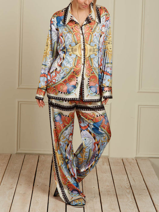 Unique Satin Sunshine Print Turn-Down Collar Loose Fit Shirt And Elastic Waist Wide Leg Pants Set