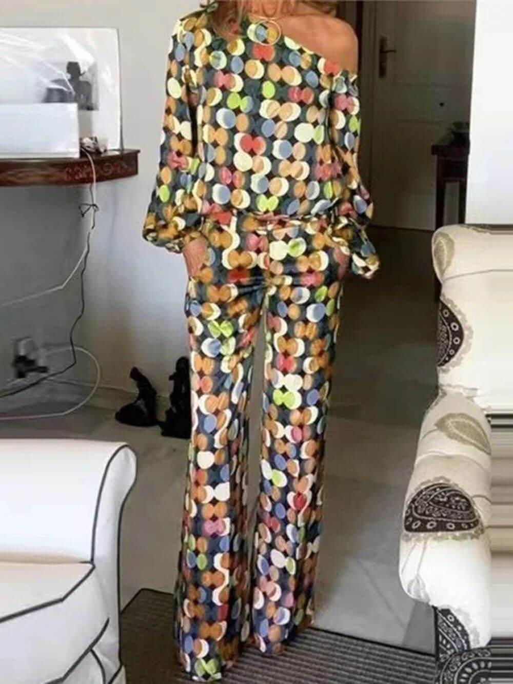Elegant And Unique Large Polka Dot Printed Off-Shoulder Tops Elastic Pockets Straight Pants Suits Yellow