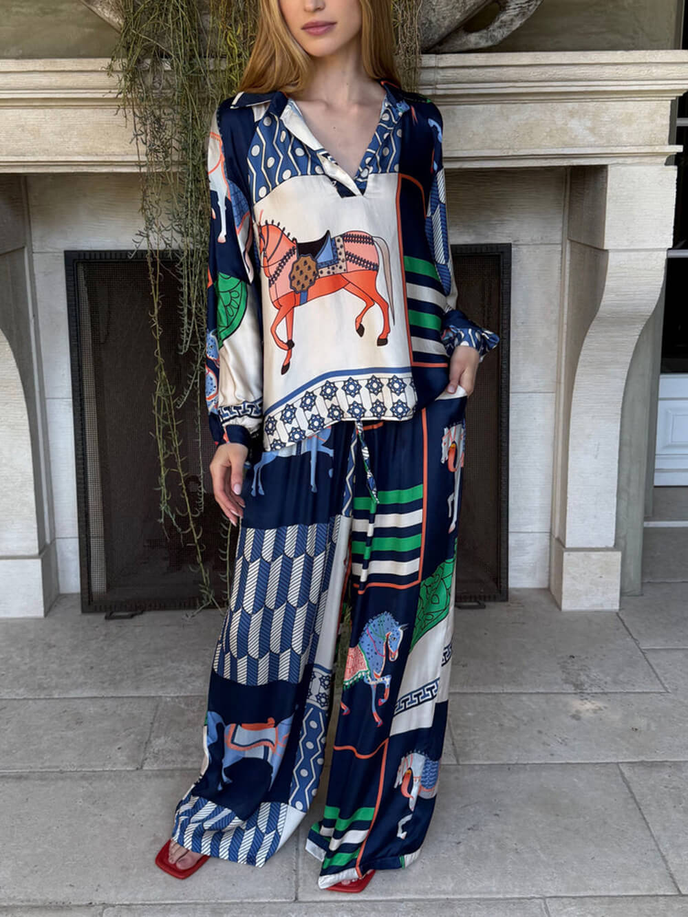 Unique Satin Horse Print Loose Shirt And Elastic Waist Wide-Leg Pants Set Navy Blue