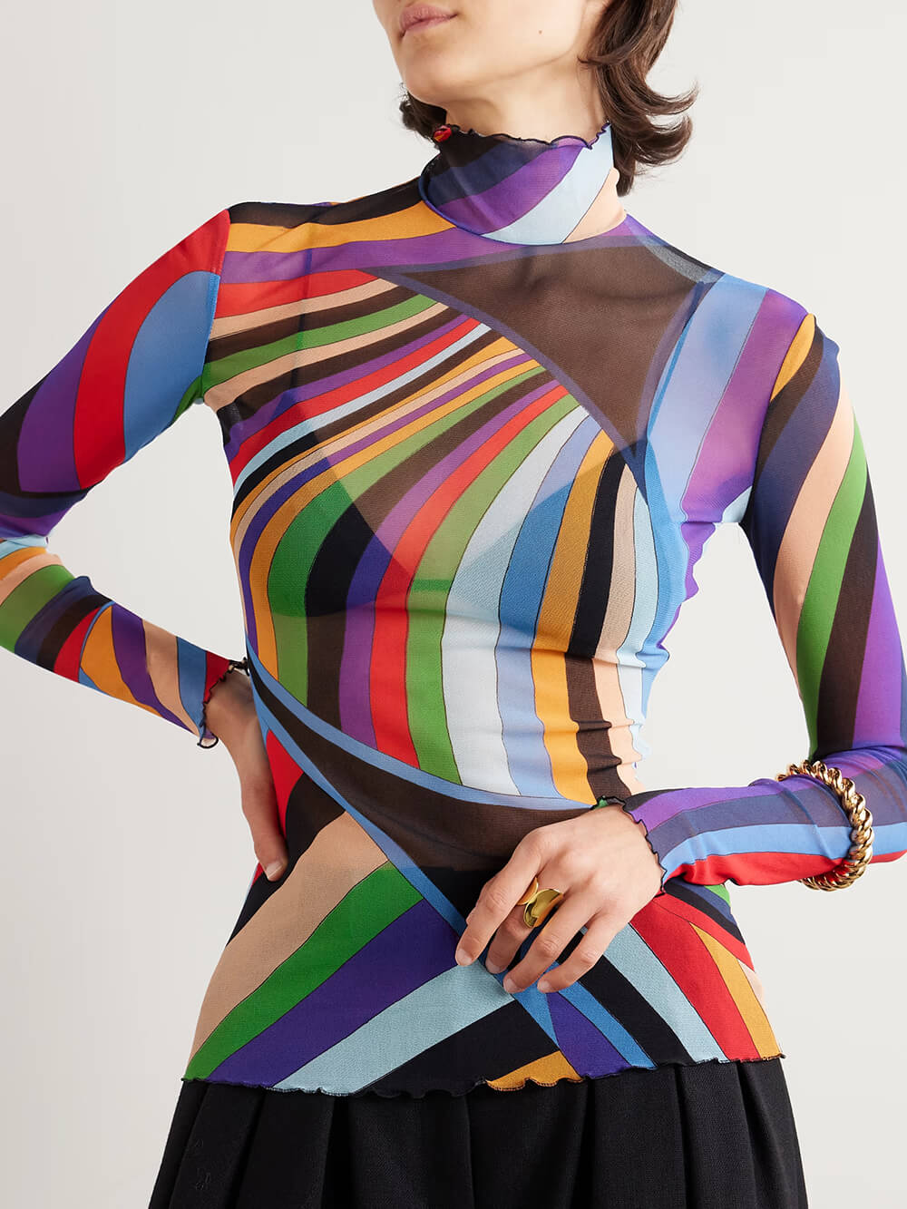 Retro Print Stretch Sheer Mesh Turtleneck Top Multicolor