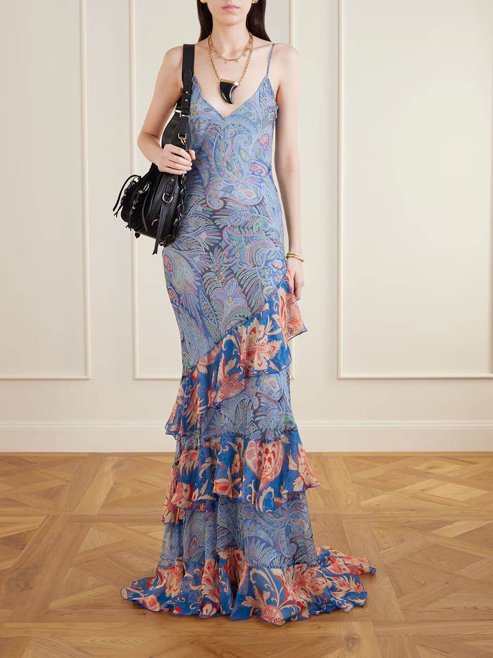 Delicate Ruffled Tiered Paisley Floral Print Chiffon Maxi Dress Blue