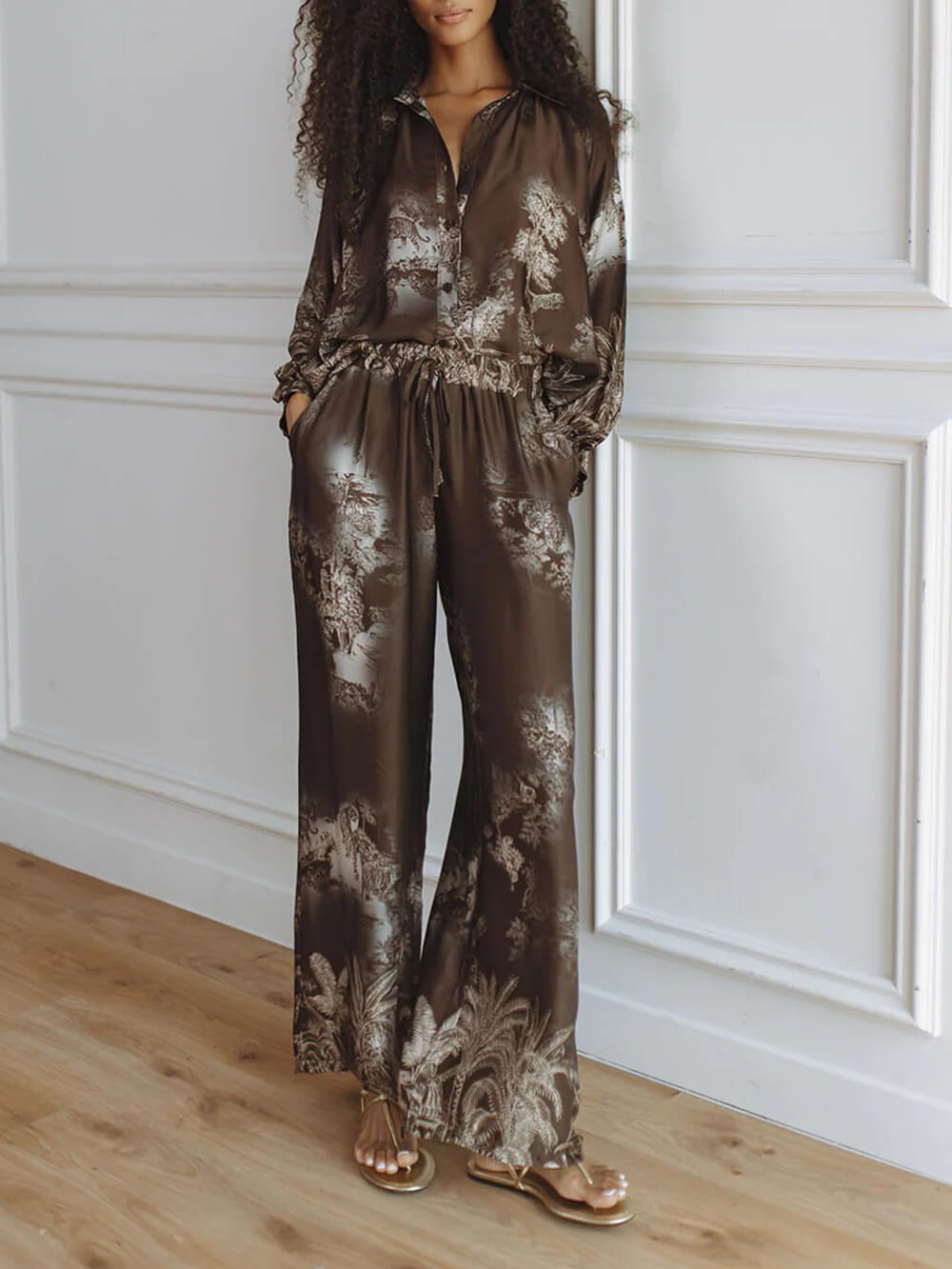 Unique Brown Floral Print Loose Top And Elastic Waist Wide-Leg Pants Set Brown