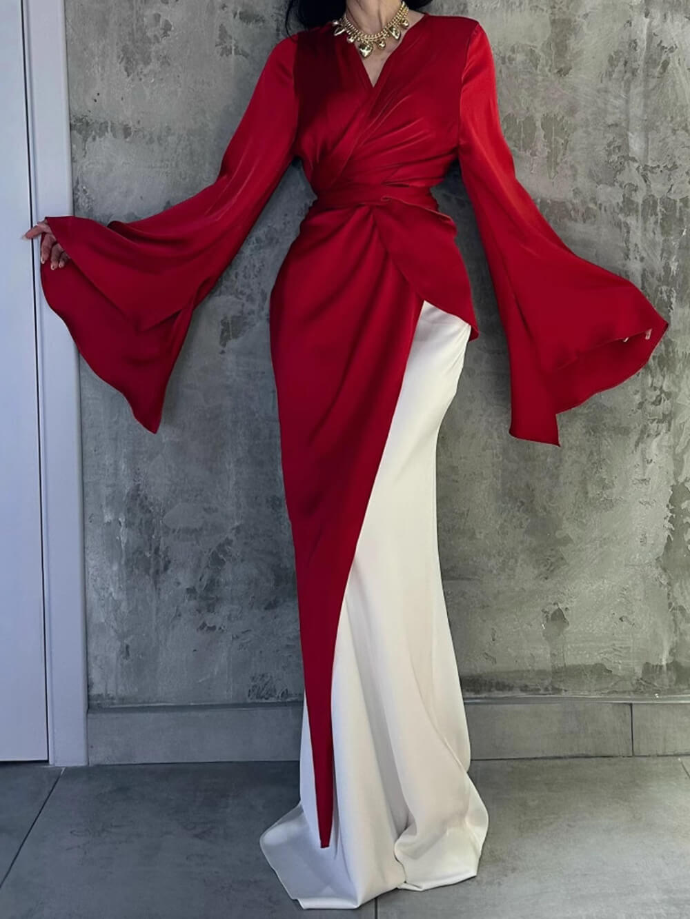 Elegant Satin Red & White Color-Block Bell Sleeve Gown Maxi Dress Red