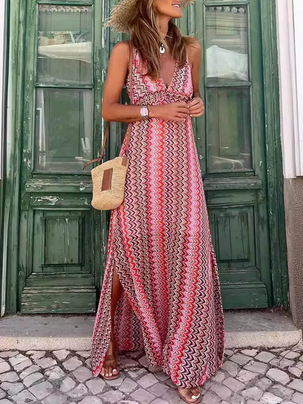 Bohemian Print V-Neck Spaghetti Strap Slit Maxi Dress Pink