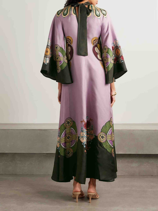 Retro Sophisticated Satin Floral Print Maxi Dress
