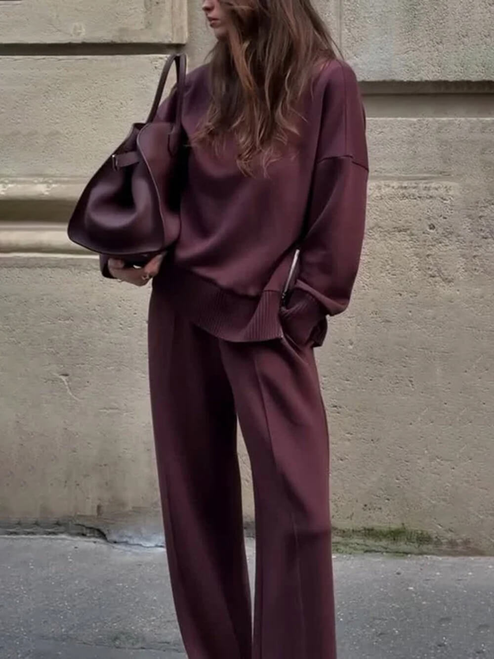 Classic Double Soft Turtleneck Side Zipper Sweatshirt and Elastic Waist Pocketed Loose Pants Set Wine Red