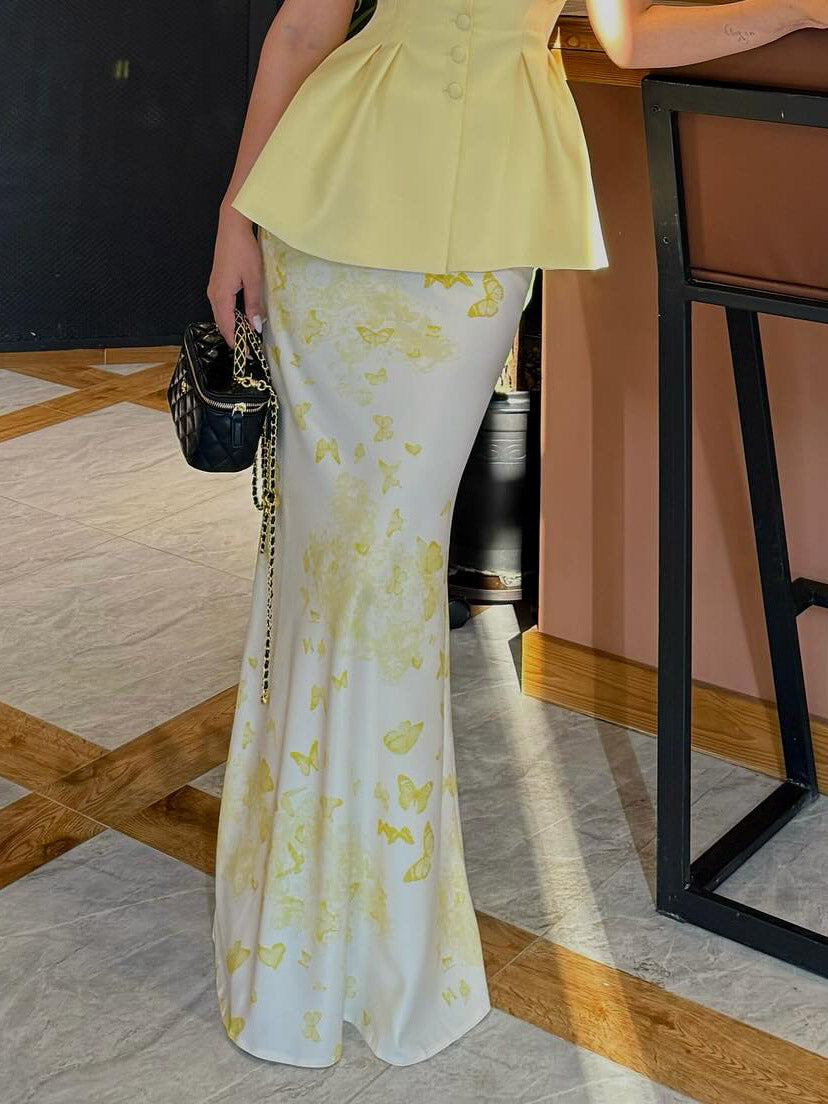 Elegant Dreamy Butterfly Print Fishtail Skirt Yellow