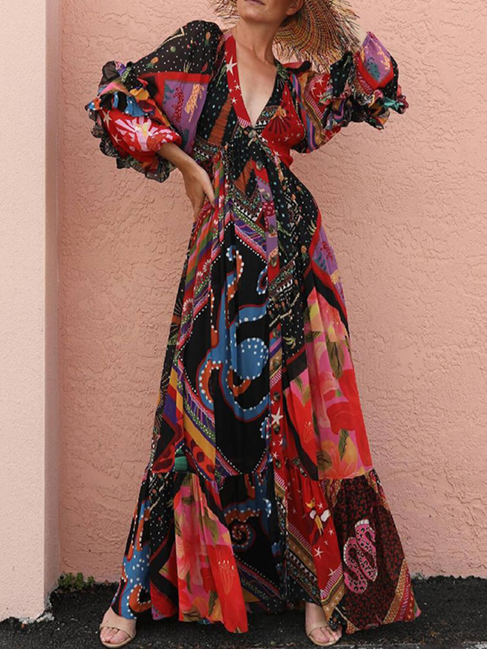 Bohemian Floral Print Patchwork Buckle Flounce V Neck Maxi Dress Red