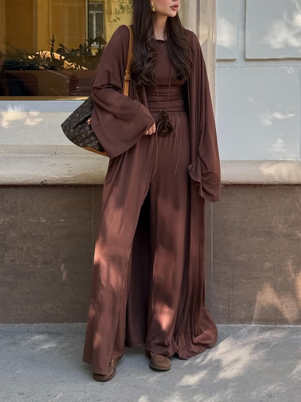 Casual Long Cardigan Long-Sleeved T-Shirt and High-Waisted Pants Three-Piece Set Brown