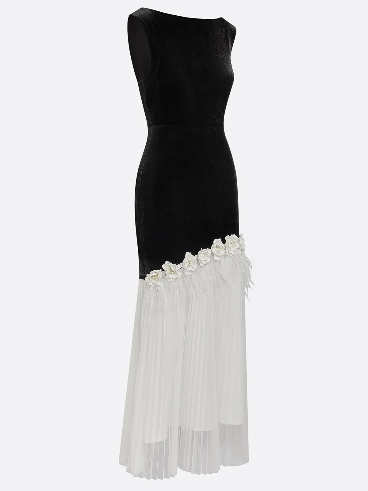 Elegant Floral Feather Tassel Boat Neck Pleated Maxi Dress