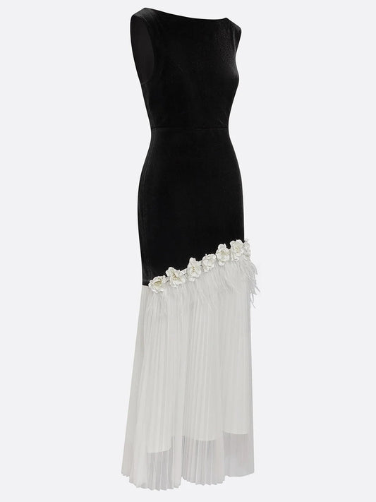 Elegant Floral Feather Tassel Boat Neck Pleated Maxi Dress
