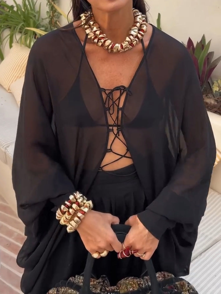 Elegant Sheer Lace-Up Loose Blouse Black