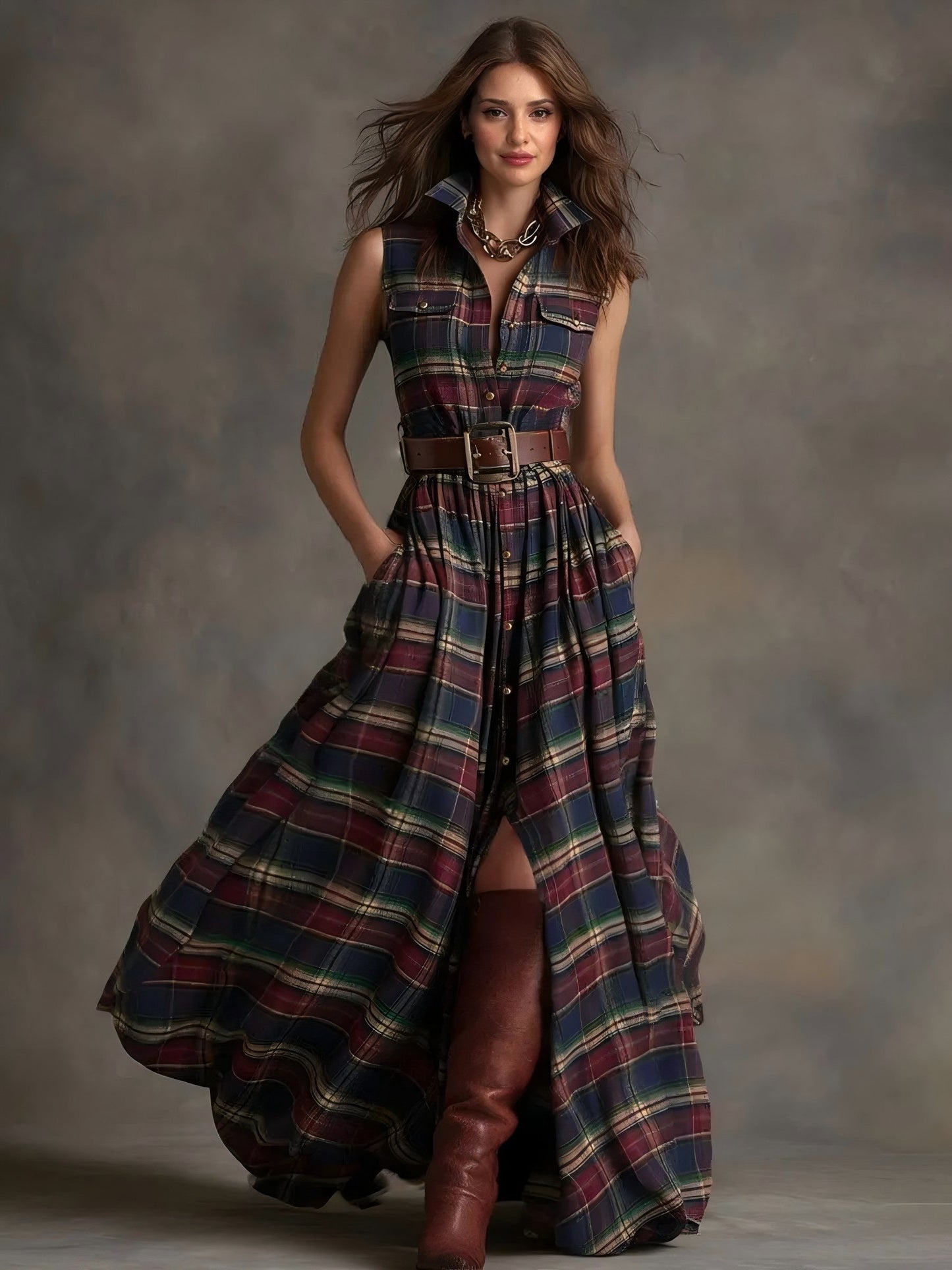 Casual Plaid Print Sleeveless Shirt Maxi Dress Multi