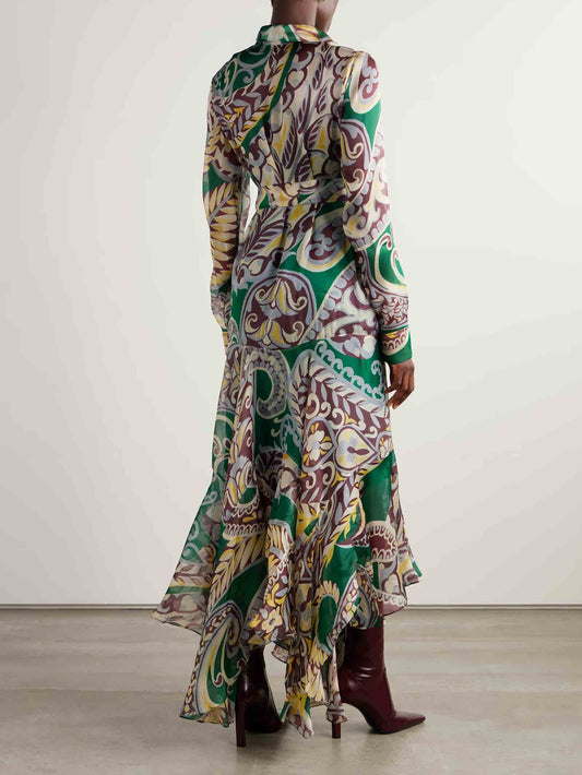 Unique Belted Asymmetrical Paisley Print Maxi Dress