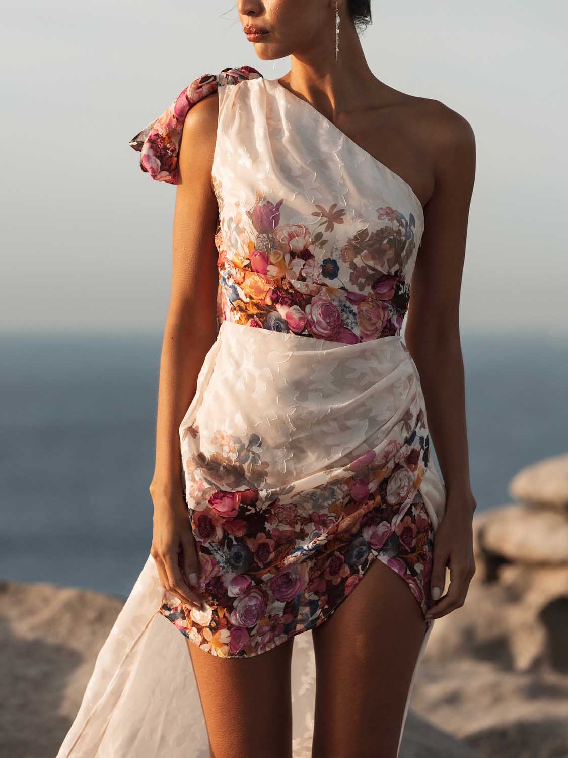Elegant One-shoulder Bow Sleeve Floral Print Draped Top