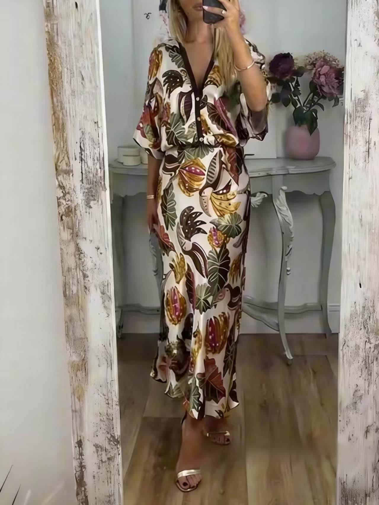 Retro Jungle Palm Leaf Satin Print Two-Piece Set Brown Set