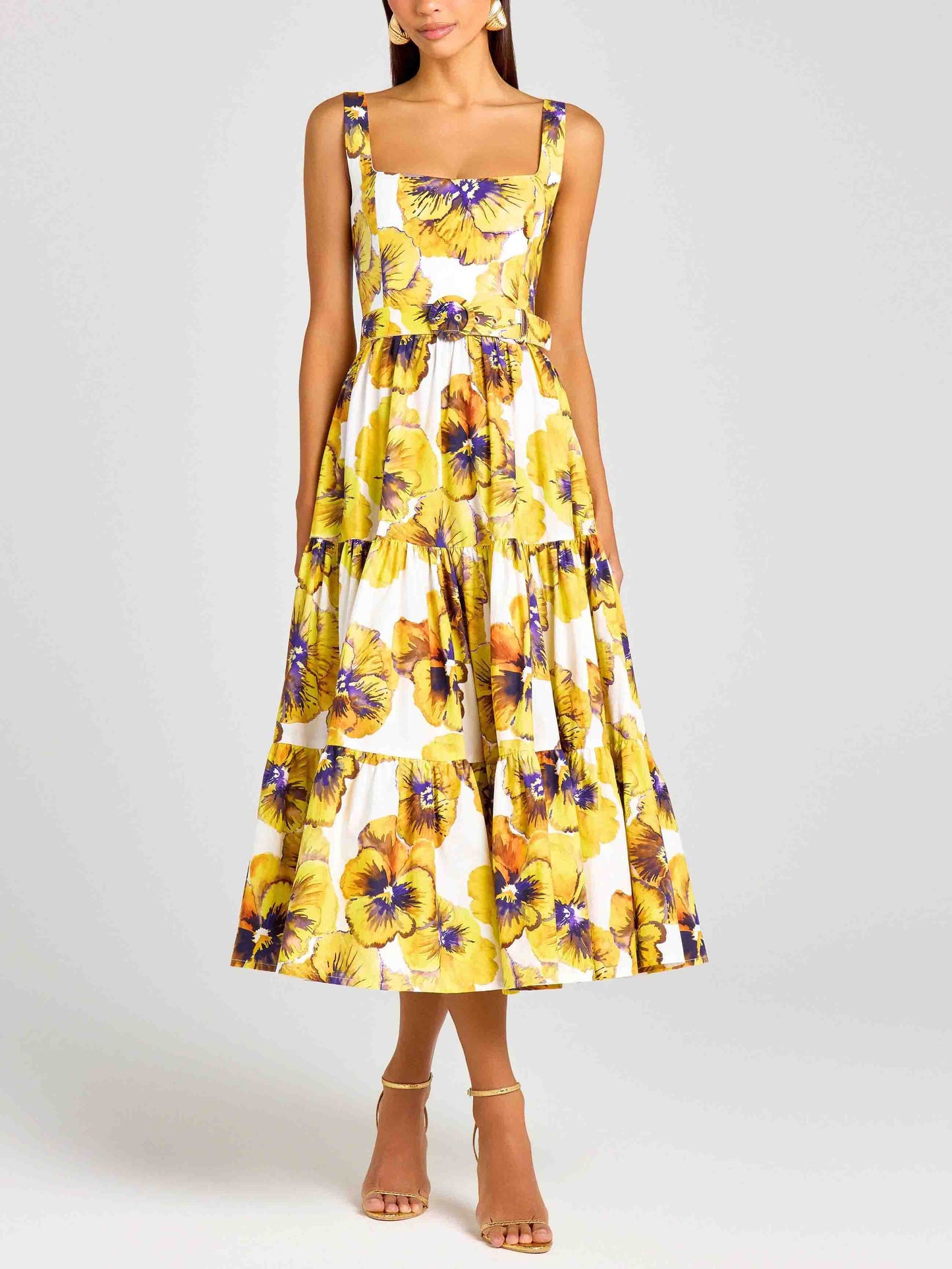 Elegant Pansy Print Midi Dress Yellow