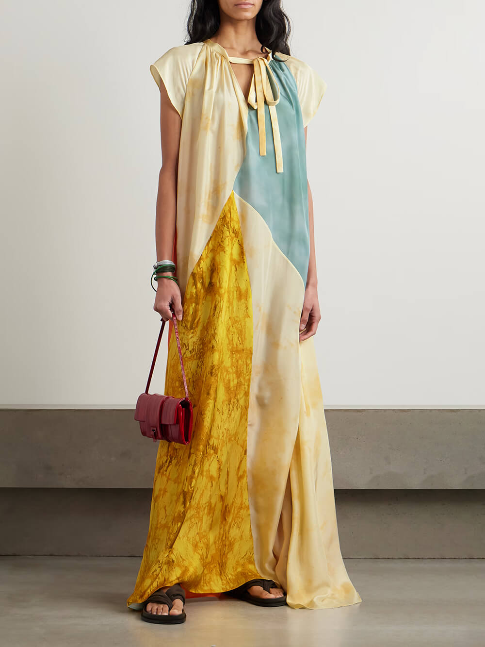 Unique Tie-neck Patchwork Printed Satin Maxi Dress Yellow