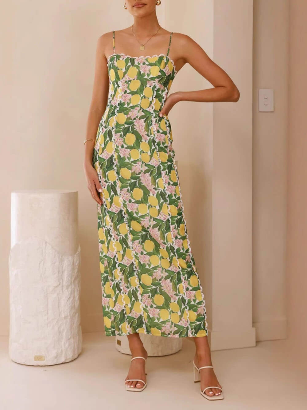 Sexy Linen Suspender Lace Slit Maxi Dress Green