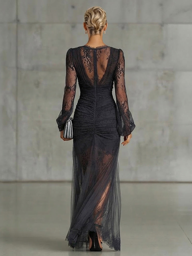 Charming Sheer Tulle Lace High Slit Maxi Dress