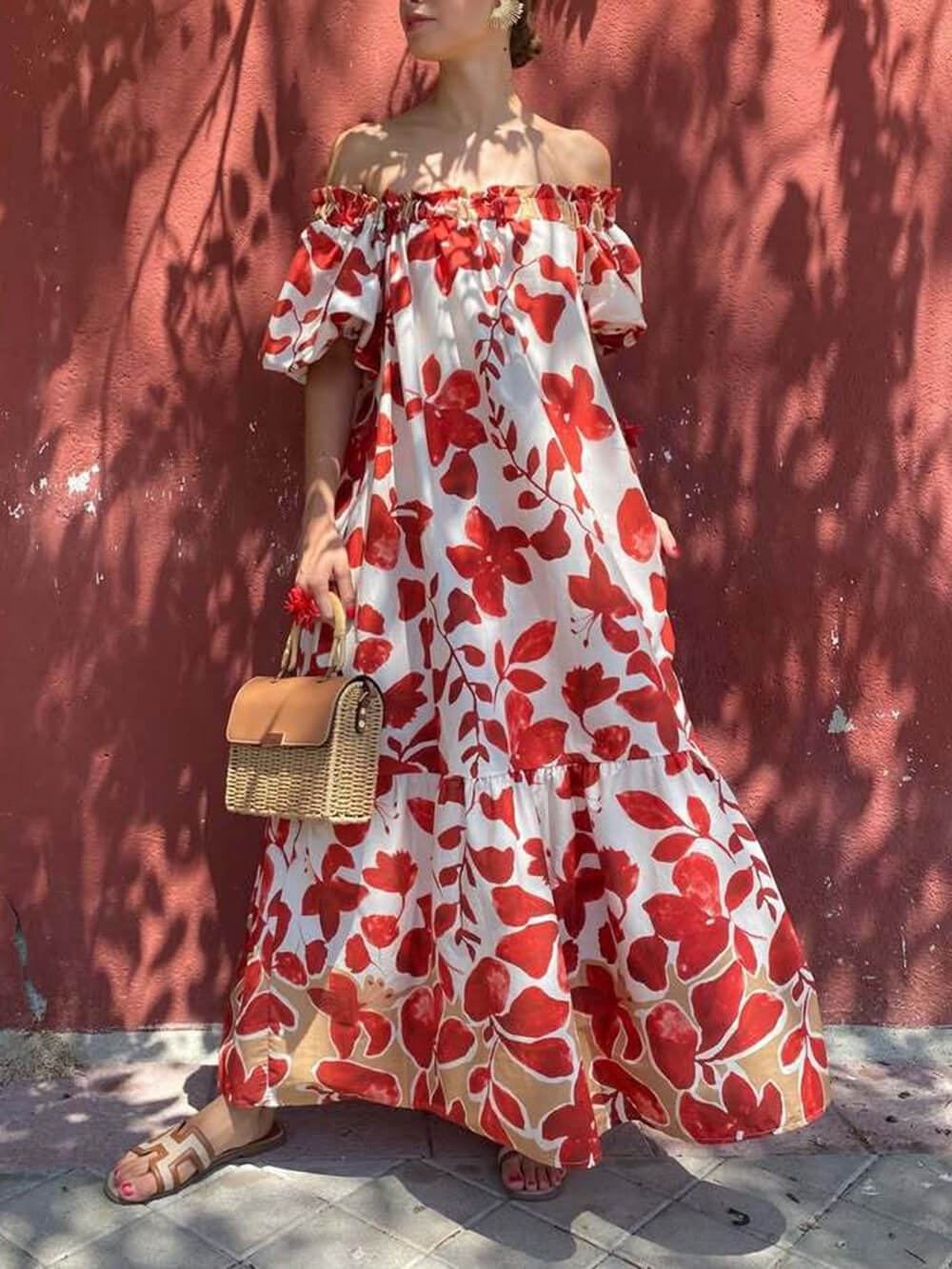 Casual Floral Print Off-Shoulder Puff Sleeve Maxi Dress Red
