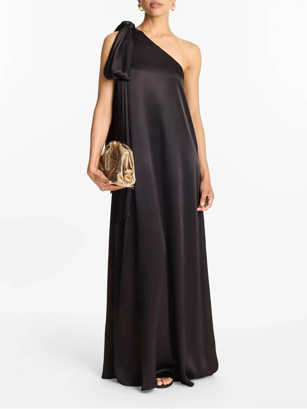 Elegant One-Shoulder Bow-Detail Flowing Maxi Dress Black
