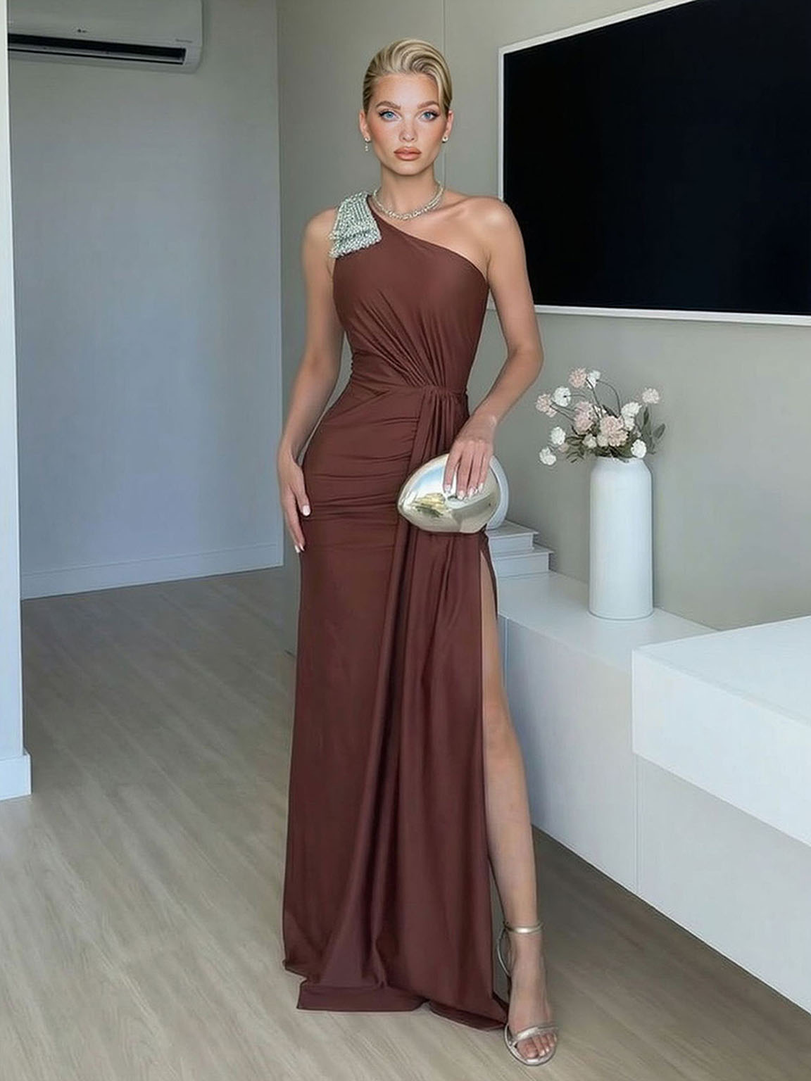 Elegant One-Shoulder Embellished Maxi Dress Brown