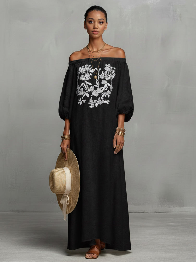 Bohemian Floral Embroidered Off-Shoulder Maxi Dress Black