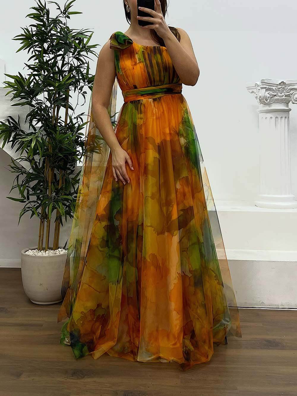 Elegant Printed One-Shoulder Chiffon Plus Size Tulle Evening Dress Yellow