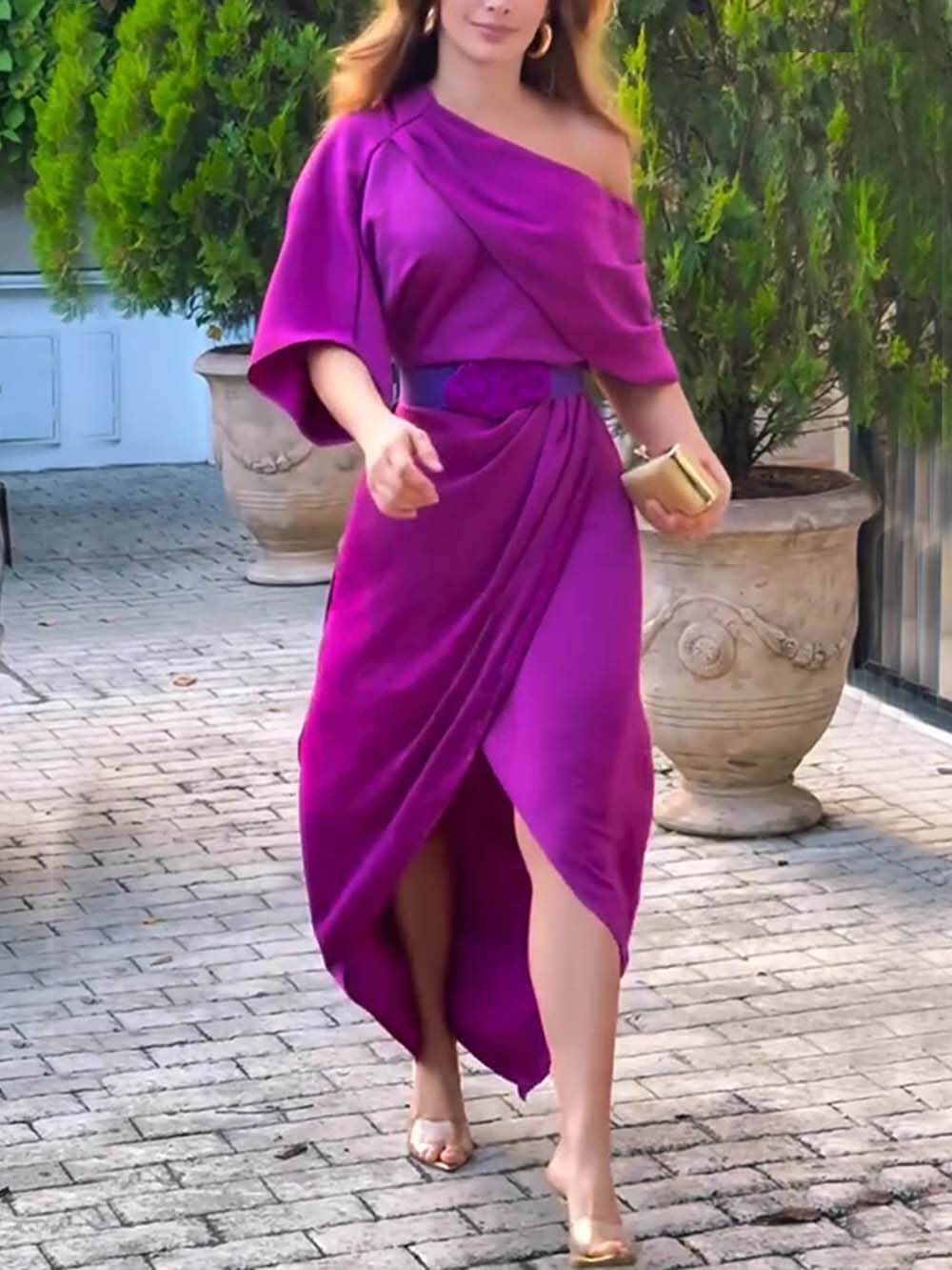 Exquisite Satin Irregular Lapel Neckline Design Ruched Maxi Dress Purple