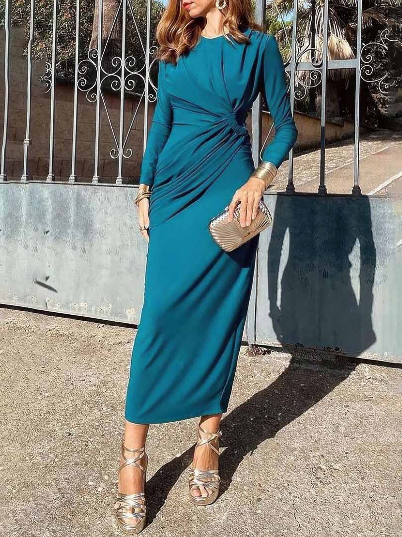 Elegant Crew Neck Pleated Wrap Hem Maxi Dress Blue