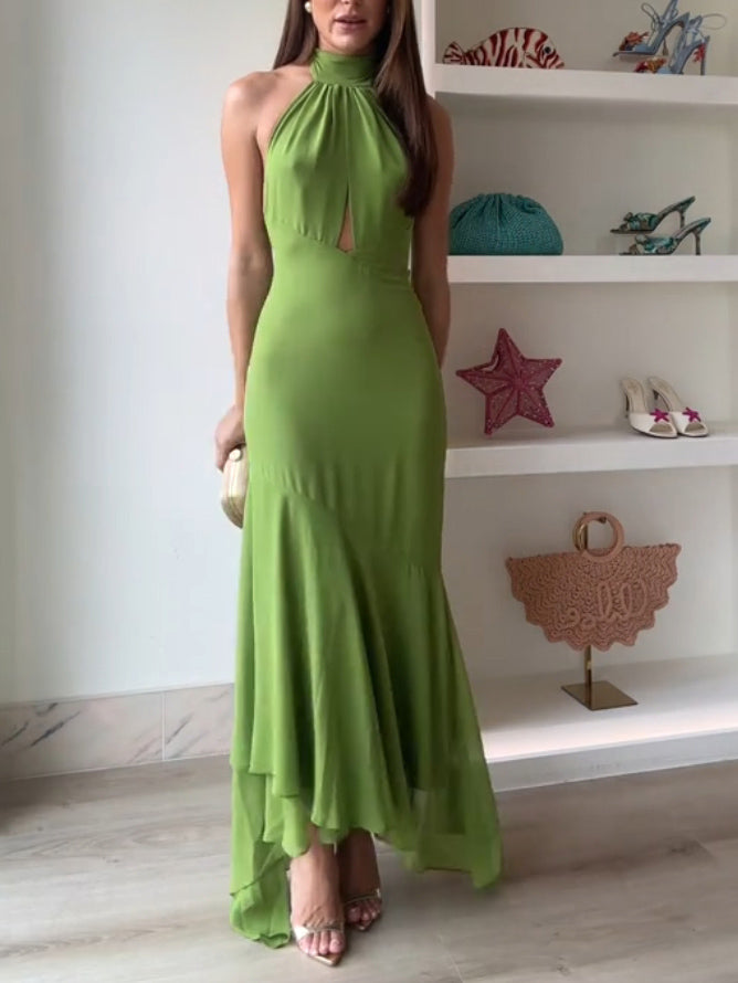 Fashion Halter Neck Asymmetric Home Maxi Dress Green