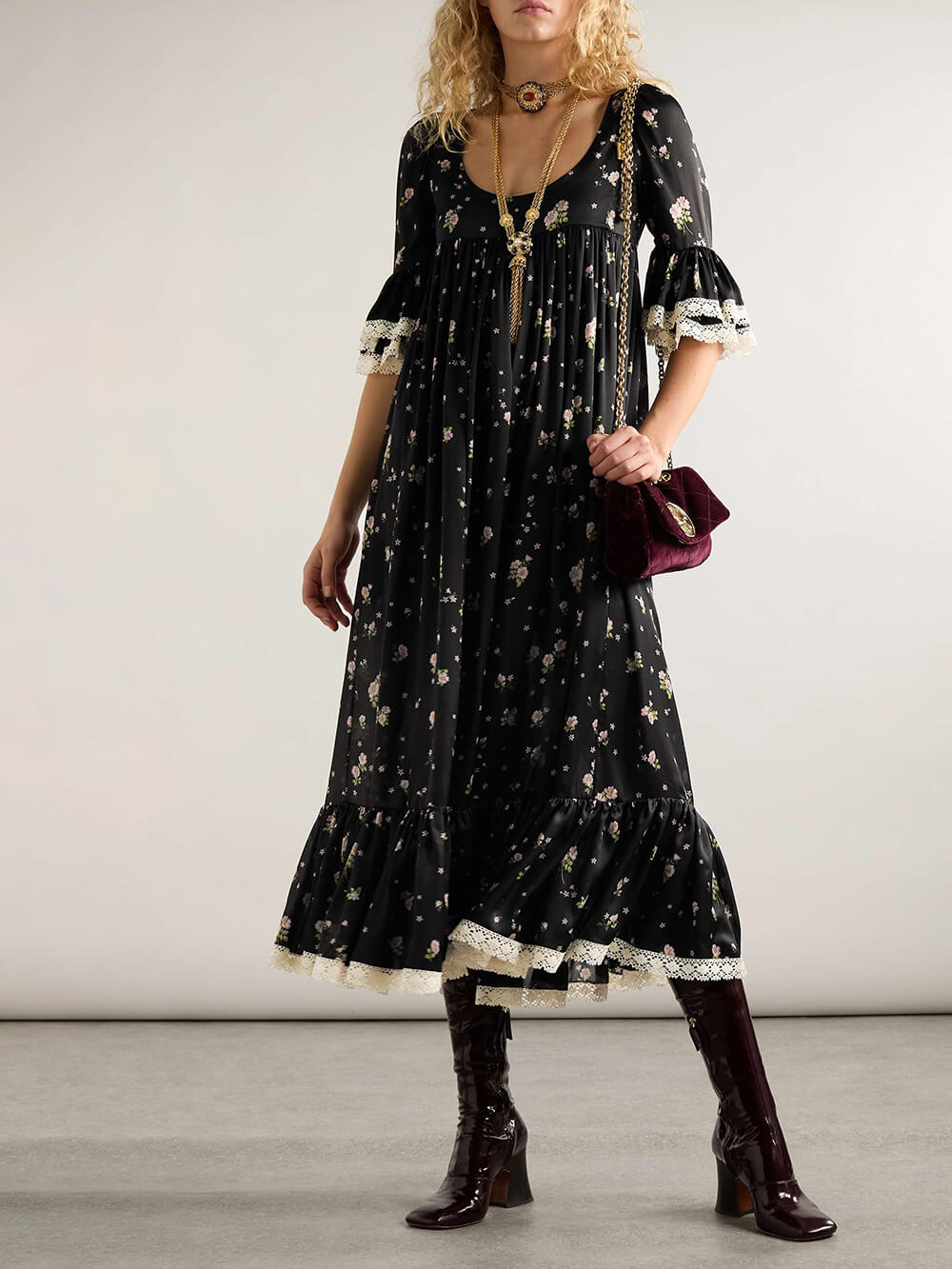 Retro Lace-Trimmed Ruffled Floral Print Midi Dress Black