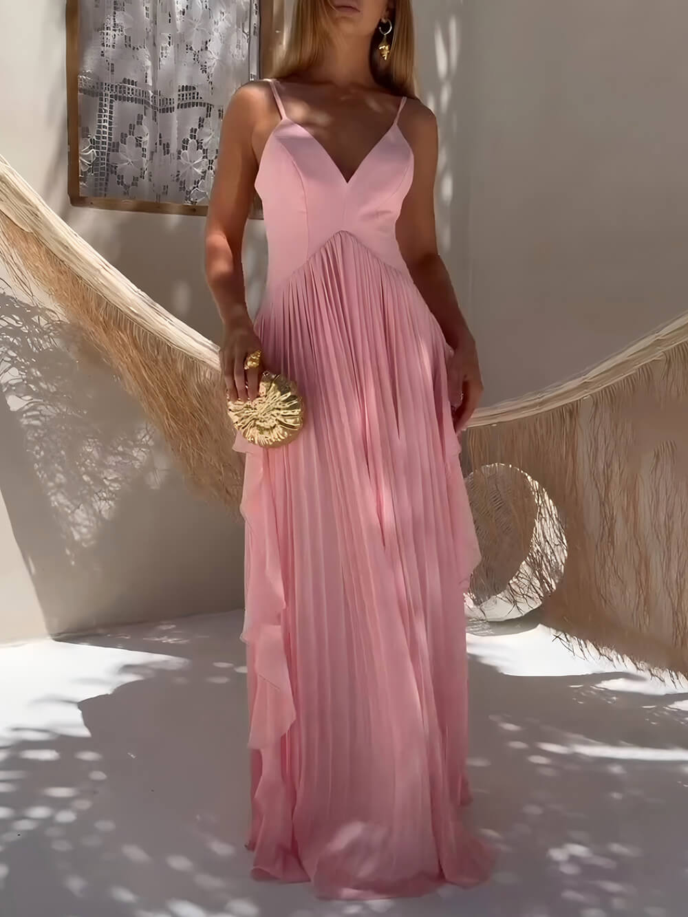 Delicate Pink Layered Patchwork Ruched Party Maxi Dress Pink