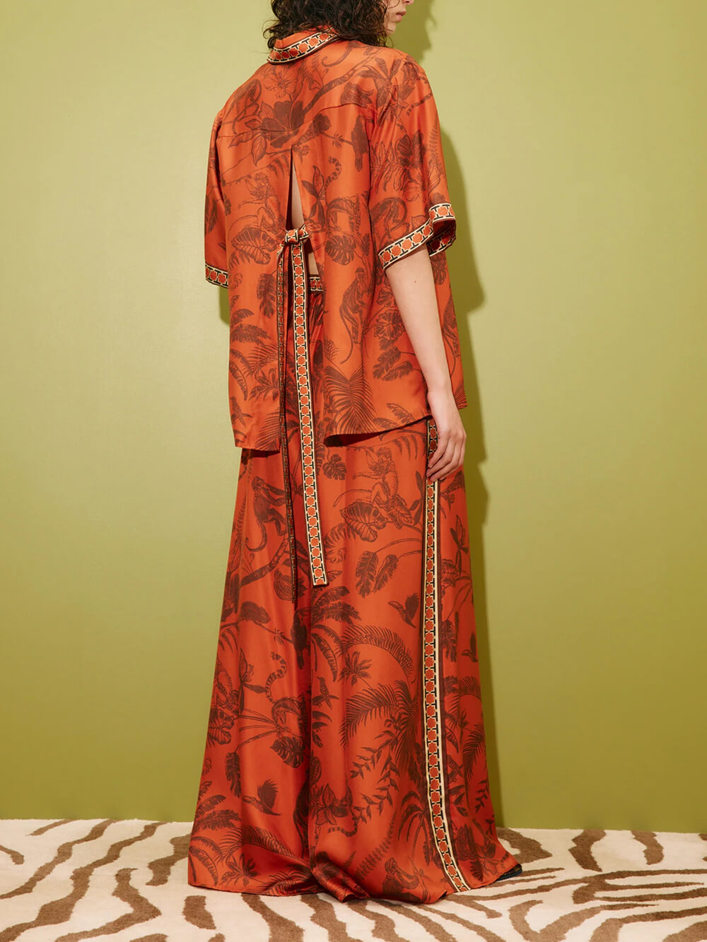 Unique Animal Print Satin Back-Slit Tie-Waist Loose Shirt